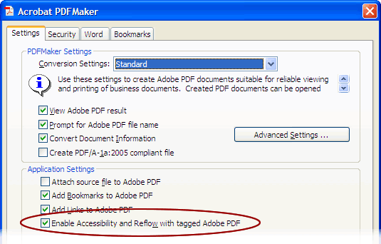 Kuvakaappaus Wordin PDF-makerin Settings-välilehdeltä, Enable Accessibility and Reflow with tagged Adobe PDF valittuna.