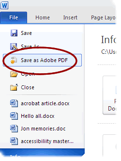 Word 2010 kaappaus, jossa Save as Adobe PDF on valittuna.