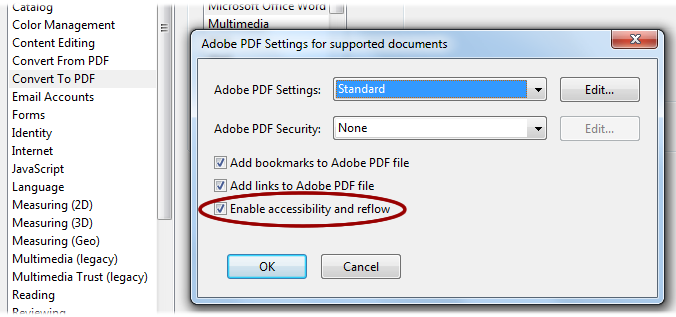 Kuvakaappaus, PDF-settings-ikkunassa valittuna Enable accessibility and reflow.