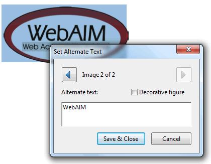 Kuvakaappaus WebAIM-logo valittuna ja Arobat XIn Set Alternate Text -ruudussa teksti WebAIM.