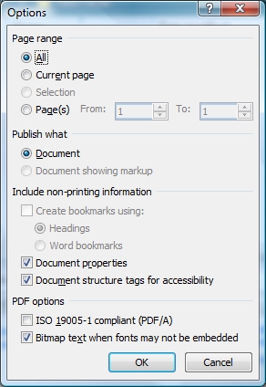 Kuvakaappaus PDF-lisäkkeen Options-ikkunassa valittuna tunnisteiden käyttö, Document structure Tags.  